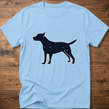 Light blue dog T-shirt with navy starry dog graphic on the front