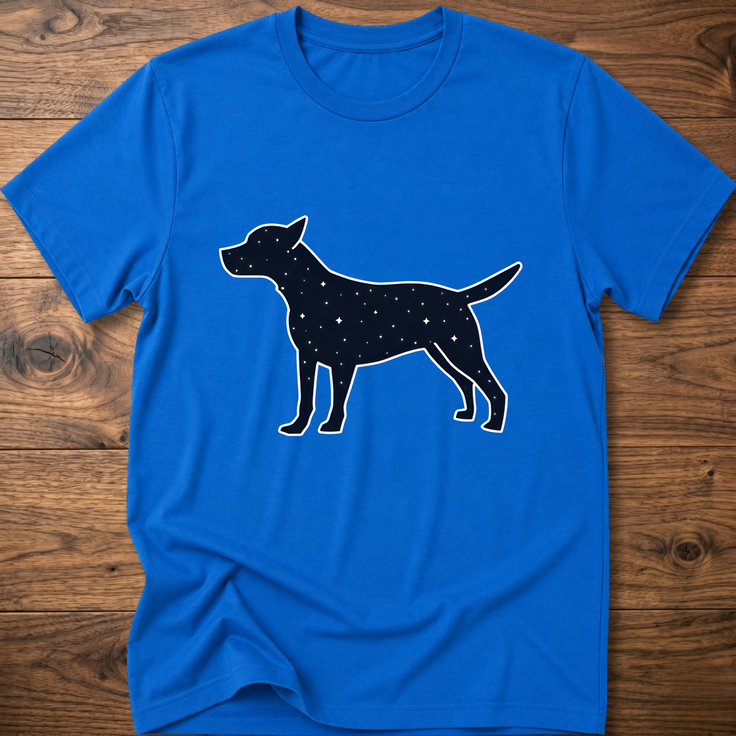 Royal blue dog T-shirt with white outlined navy starry dog graphic