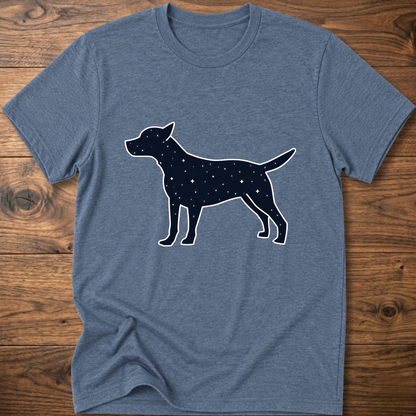 Blue dog T-shirt with white outline starry dog graphic on the front