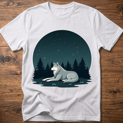 White crewneck t-shirt with starlit wolf lying in pine forest graphic