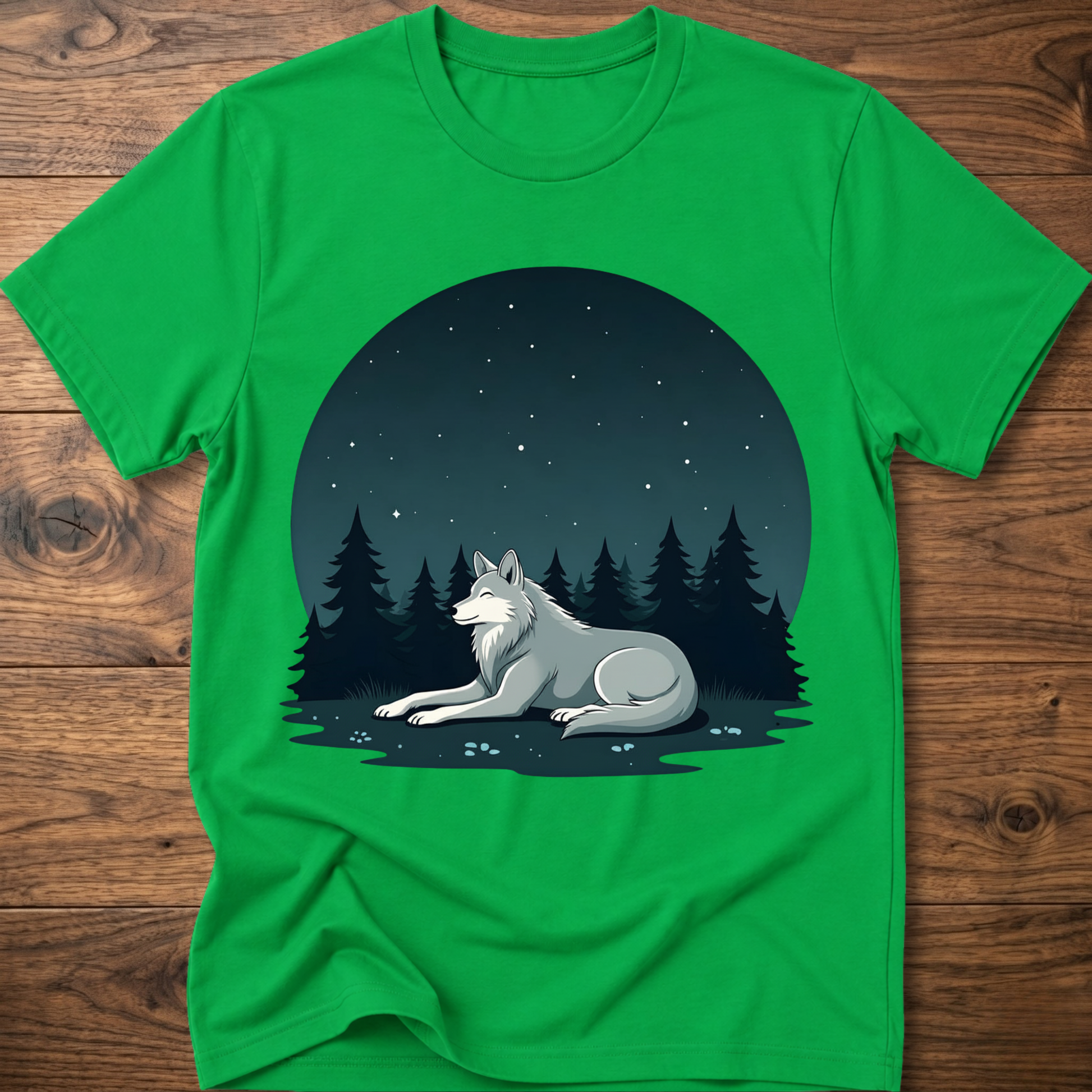 Bright green crewneck t-shirt with starlit wolf lying in pine forest graphic