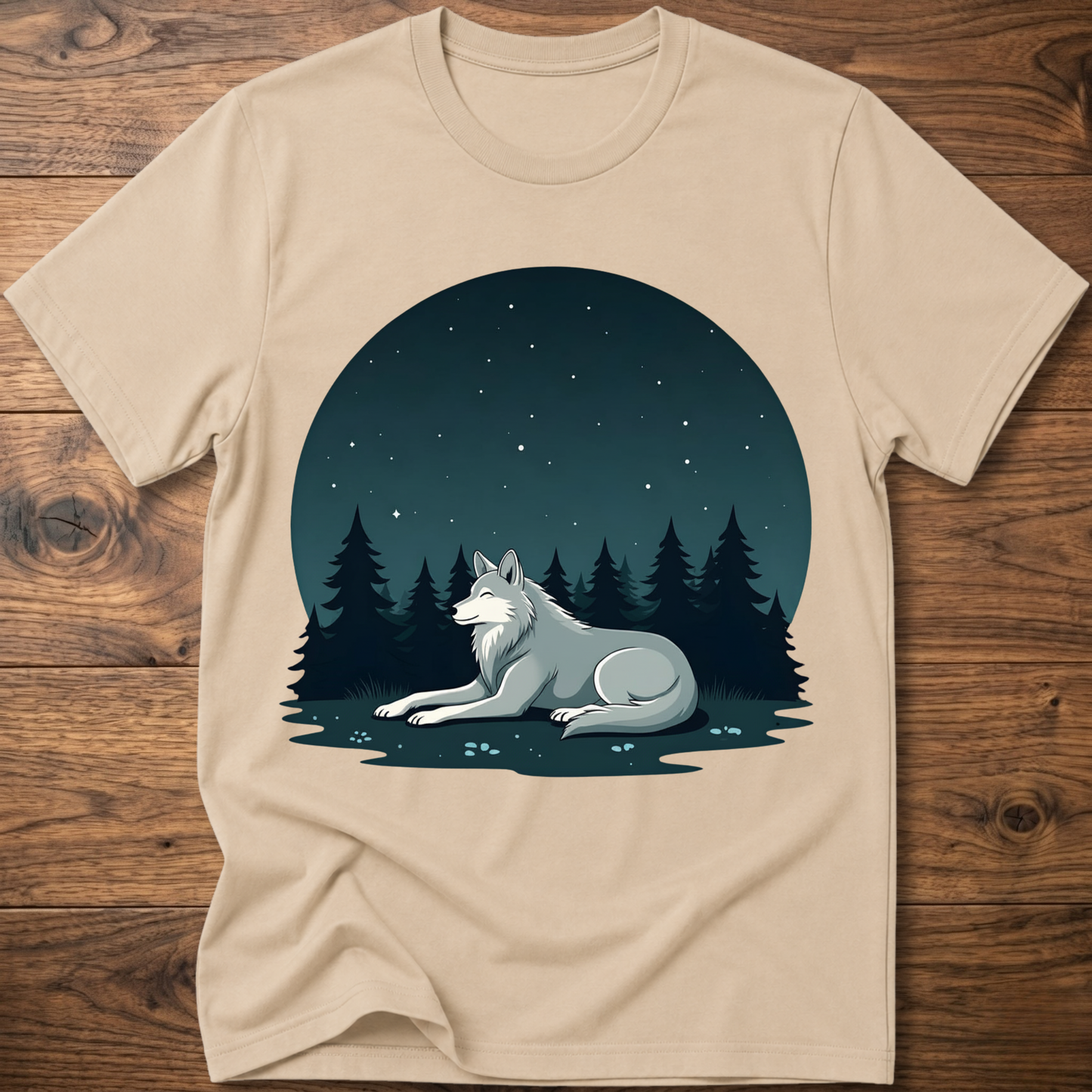 Sand beige crewneck t-shirt with starlit wolf lying in pine forest graphic