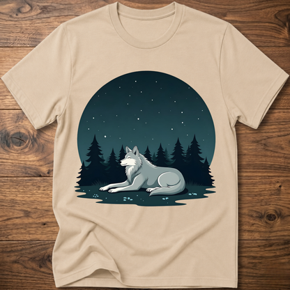 Sand beige crewneck t-shirt with starlit wolf lying in pine forest graphic