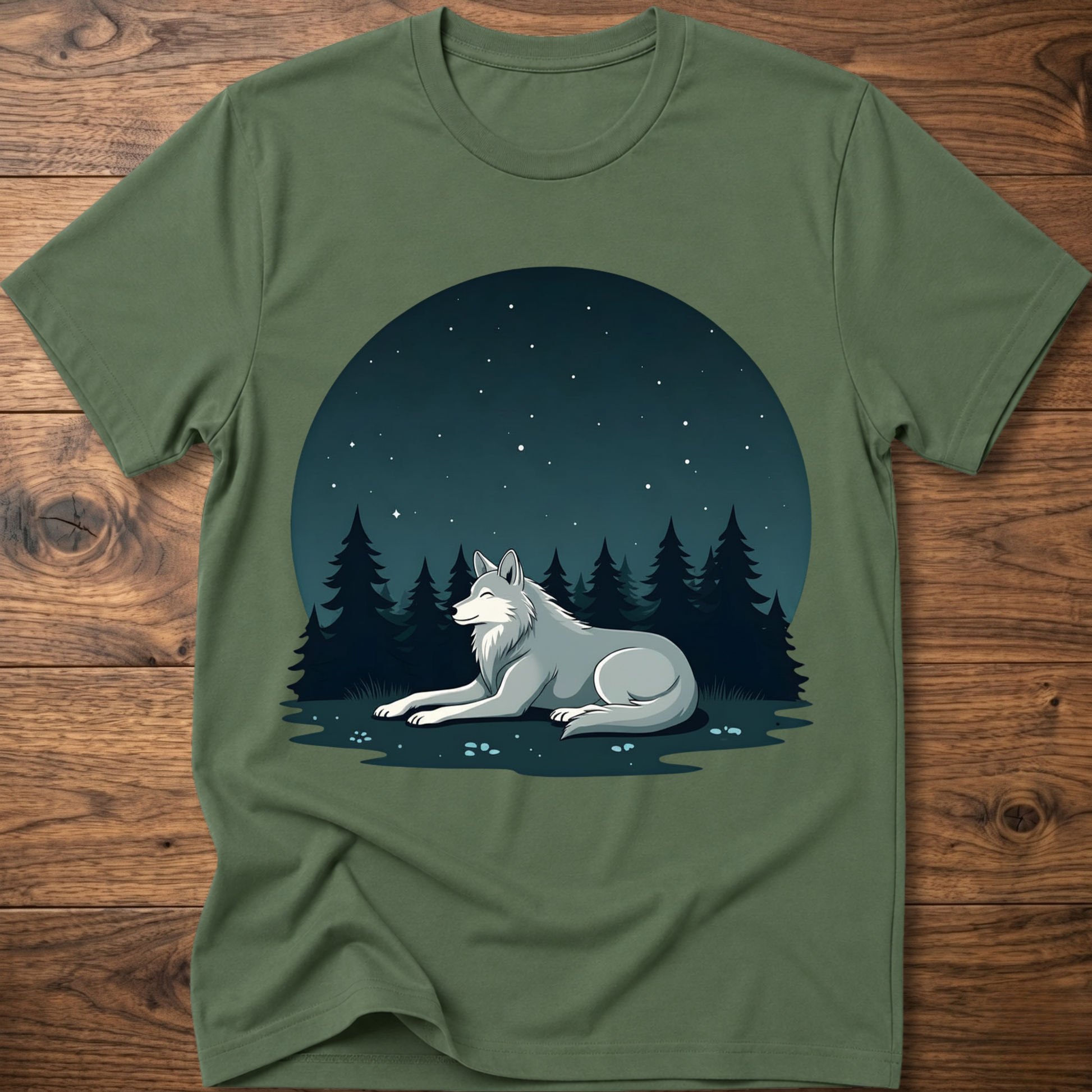 Military green crewneck t-shirt with starlit wolf lying in pine forest graphic
