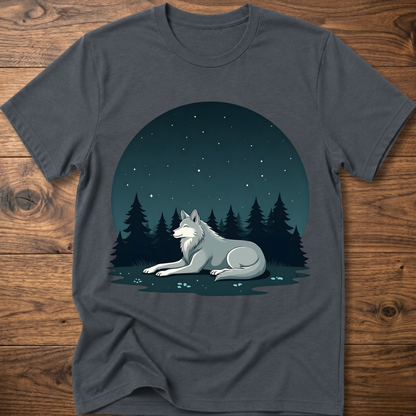 Dark gray crewneck t-shirt with starlit wolf lying in pine forest graphic