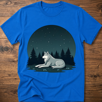 Royal blue crewneck t-shirt with starlit wolf lying in pine forest graphic