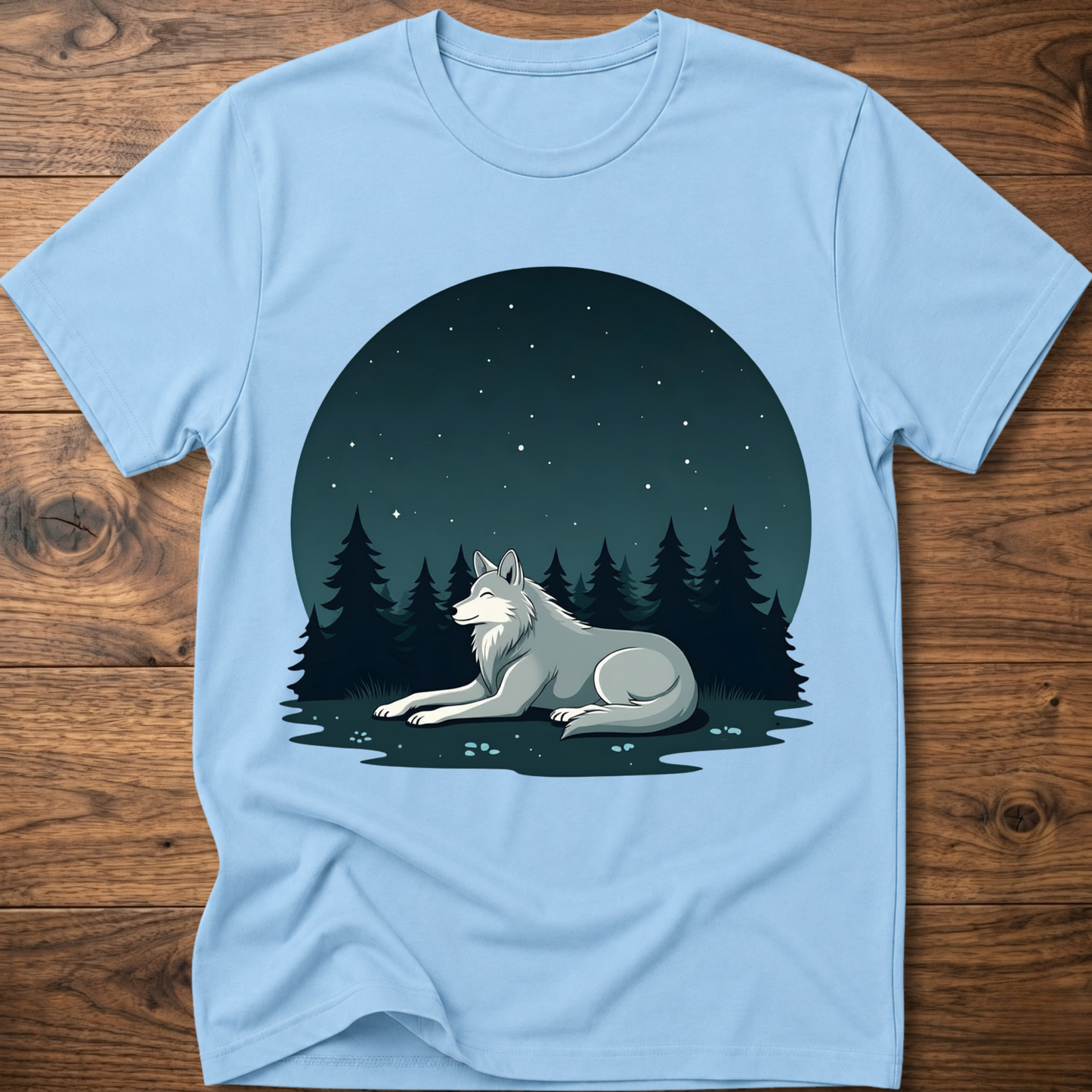 Light blue crewneck t-shirt with starlit wolf lying in pine forest graphic