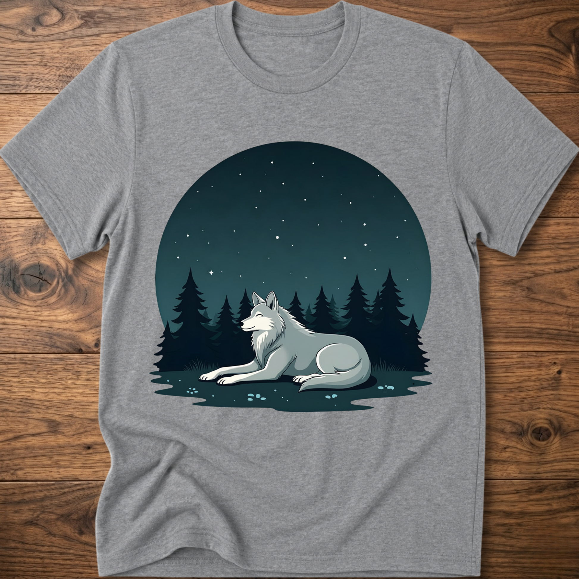 Heather gray crewneck t-shirt with starlit wolf lying in pine forest graphic