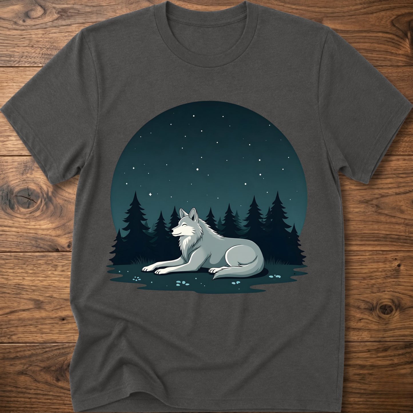 Charcoal crewneck t-shirt with starlit wolf lying in pine forest graphic