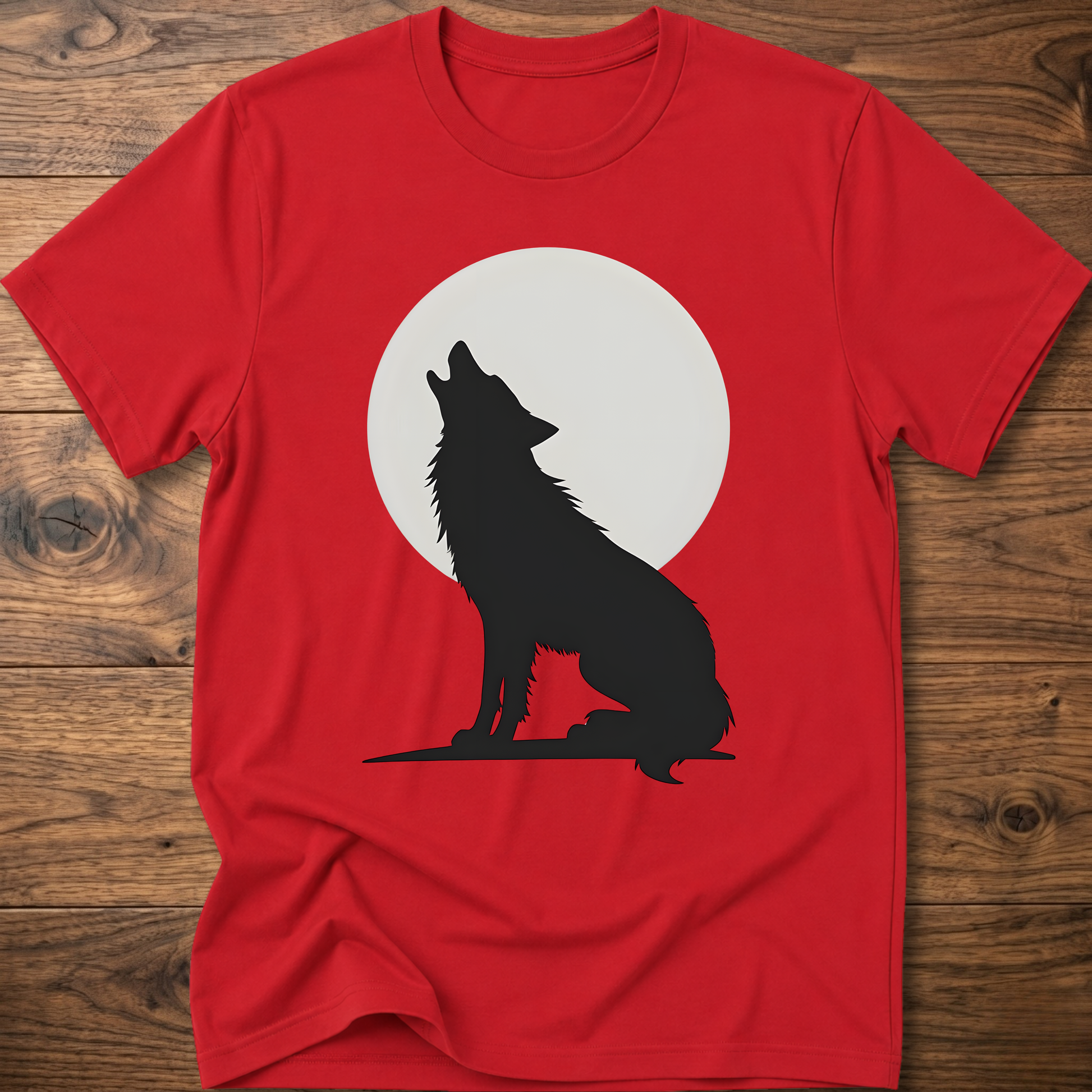 Red graphic wolf T-shirt with black wolf silhouette and white moon circle print.