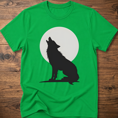 Irish green graphic wolf T-shirt with black wolf silhouette and white moon circle print.