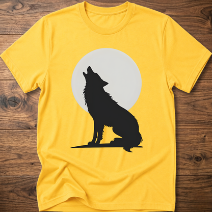 Daisy yellow graphic wolf T-shirt with black wolf silhouette and white moon circle print.