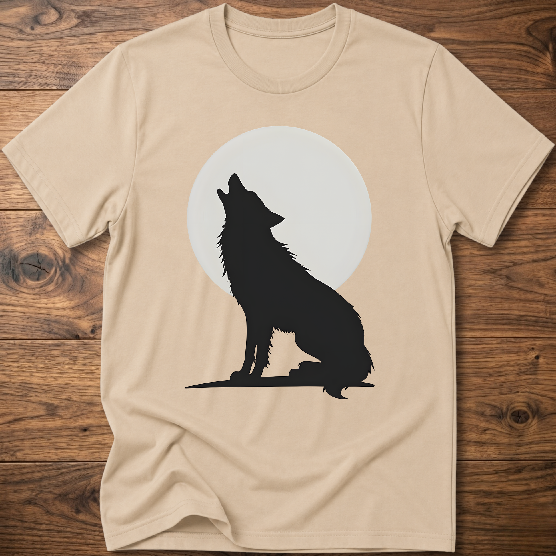 Sand beige graphic wolf T-shirt with black wolf silhouette and white moon circle print.