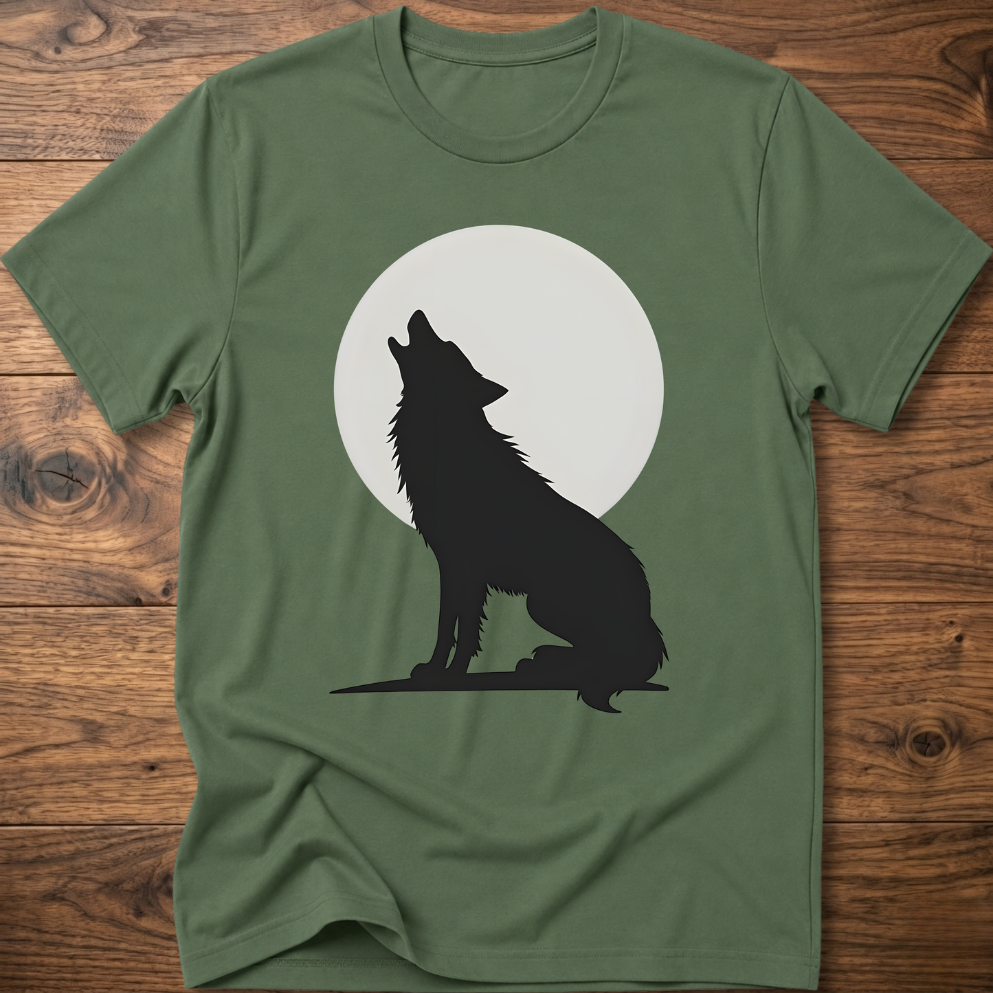 Military green graphic wolf T-shirt with black wolf silhouette and white moon circle print.