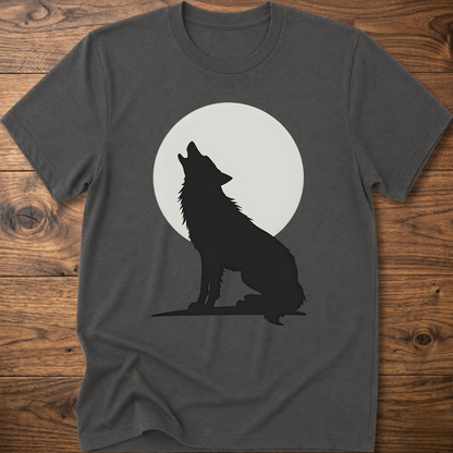 Charcoal gray graphic wolf T-shirt with black wolf silhouette and white moon circle print.