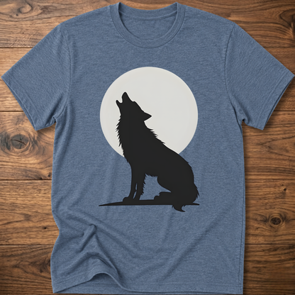 Heather indigo graphic wolf T-shirt with black wolf silhouette and white moon circle print.