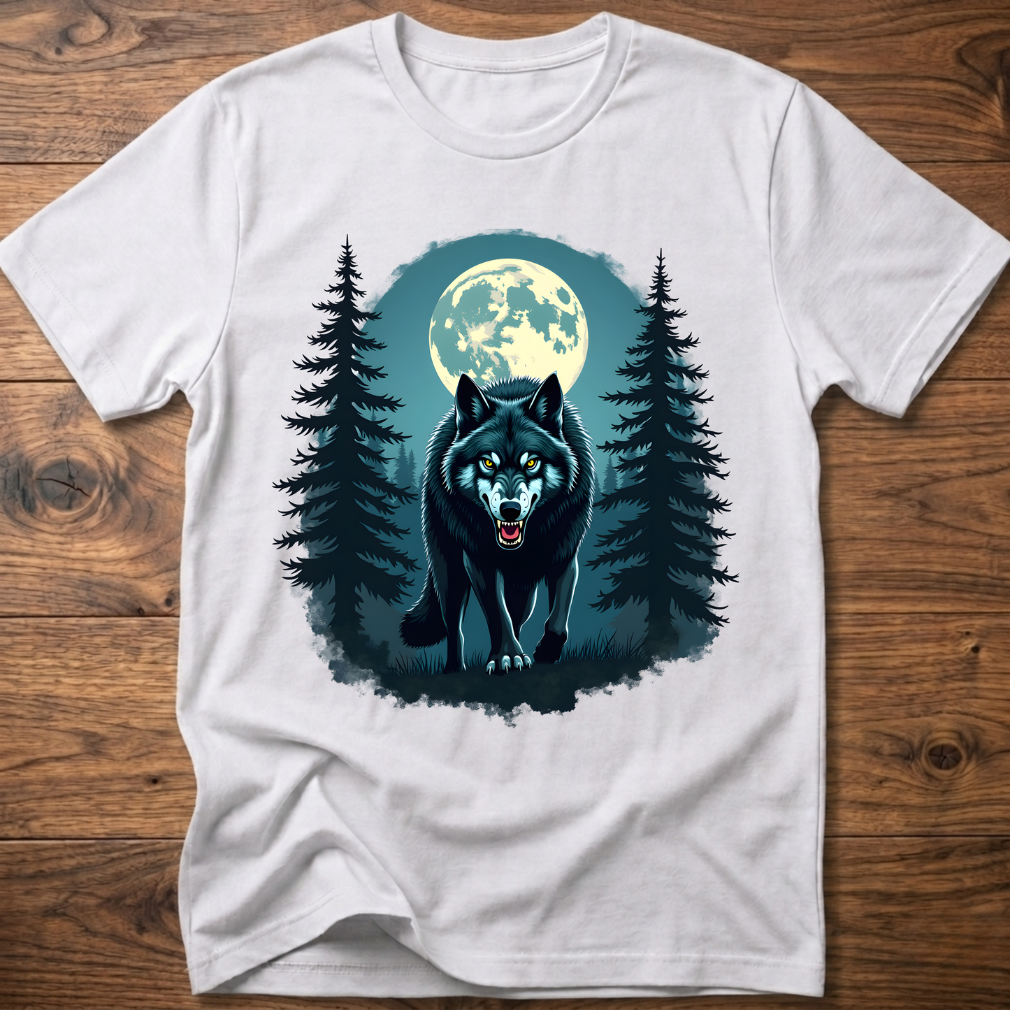 White graphic wolf t-shirt with moon and pine tree scene print
