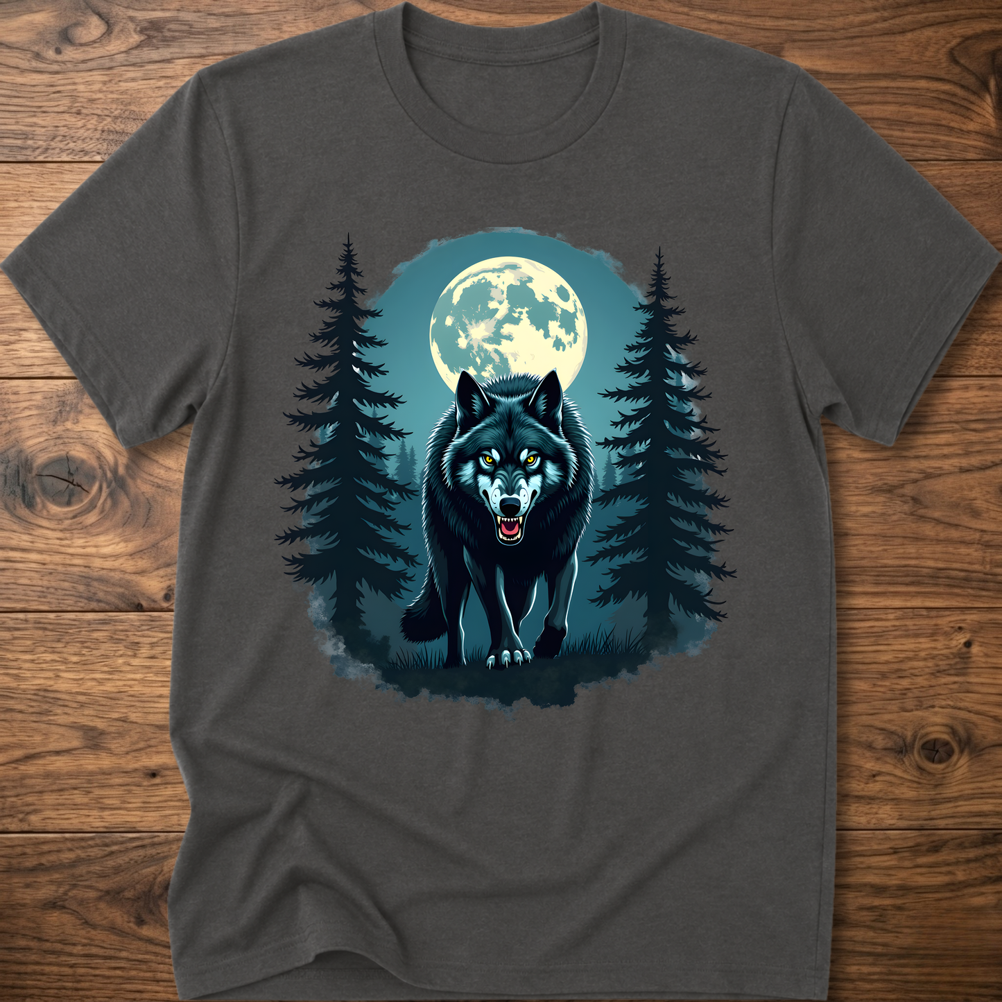 Dark gray graphic wolf t-shirt with moon and pine tree scene print