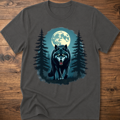 Dark gray graphic wolf t-shirt with moon and pine tree scene print