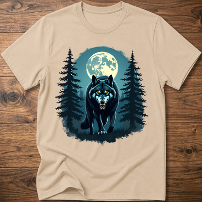 Light beige graphic wolf t-shirt with moon and pine tree scene print
