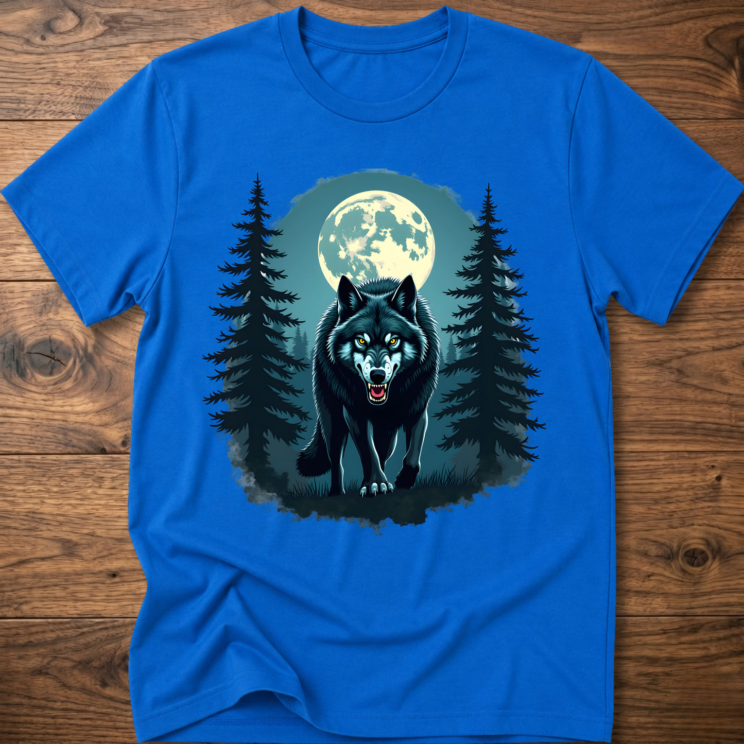 Royal blue graphic wolf t-shirt with moon and pine tree scene print