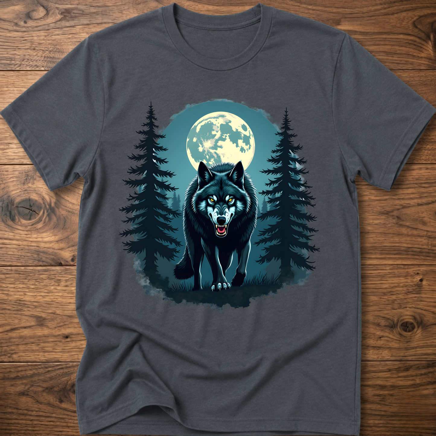 Charcoal graphic wolf t-shirt with moon and pine tree scene print