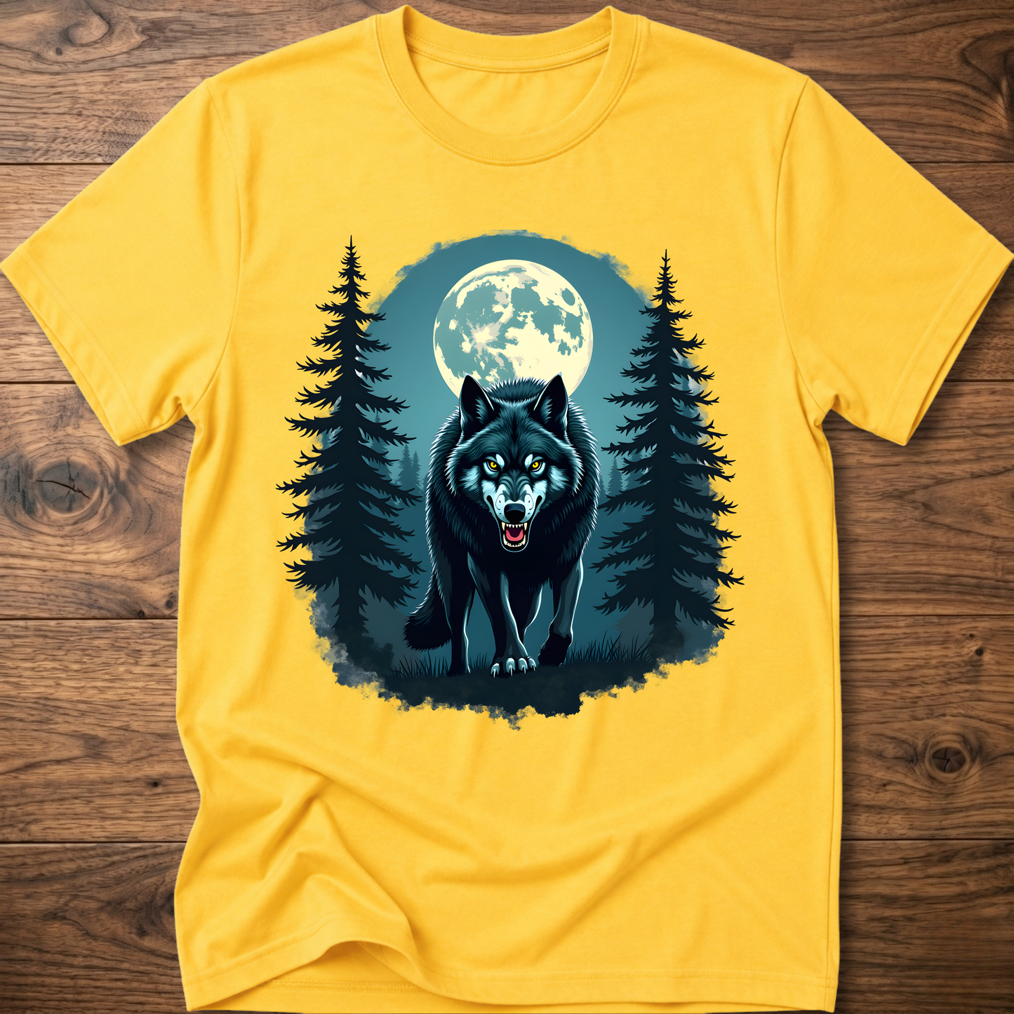 Yellow graphic wolf t-shirt with moon and pine tree scene print