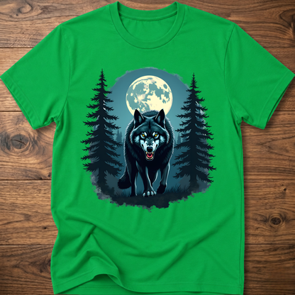 Bright green graphic wolf t-shirt with moon and pine tree scene print