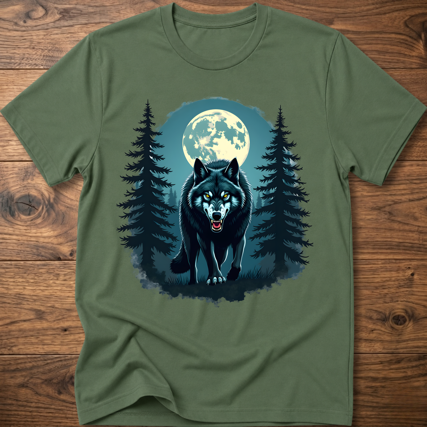 Olive green graphic wolf t-shirt with moon and pine tree scene print
