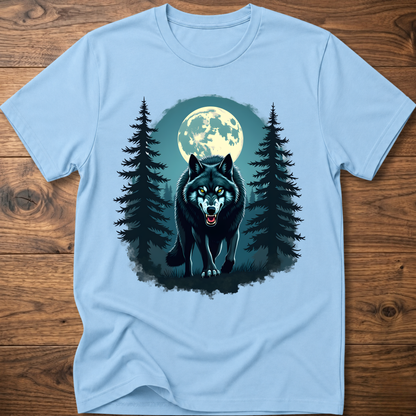 Light blue graphic wolf t-shirt with moon and pine tree scene print