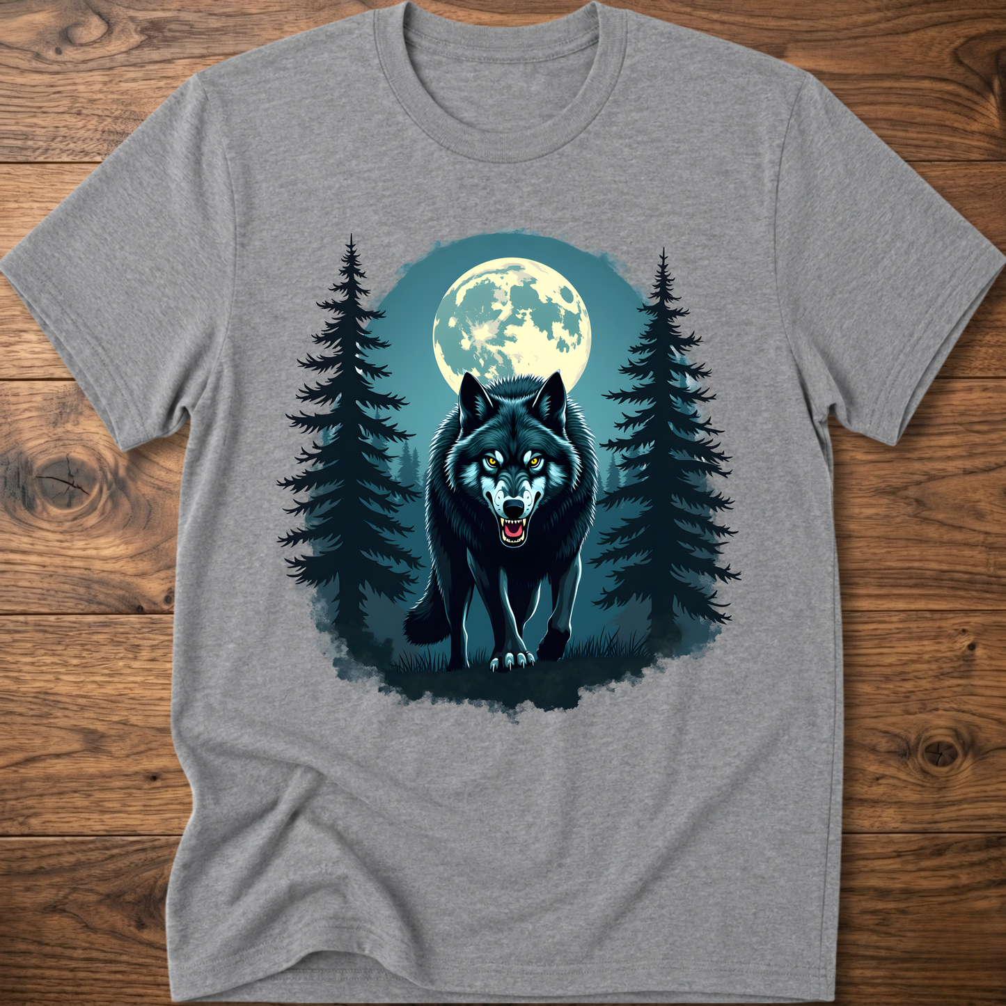 Medium gray graphic wolf t-shirt with moon and pine tree scene print