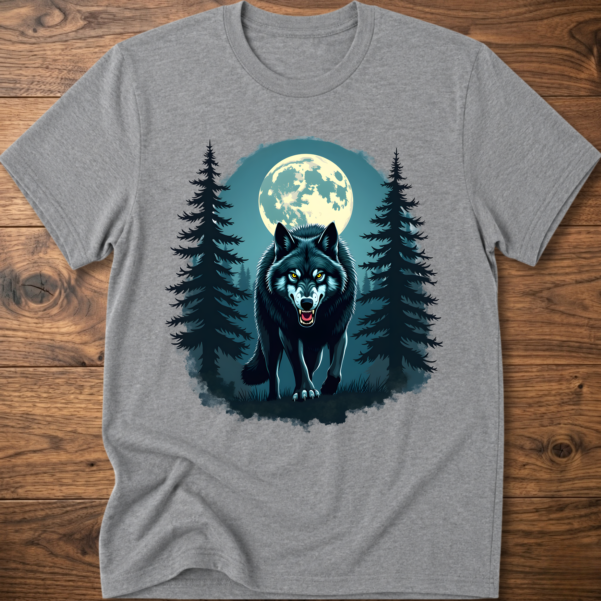 Medium gray graphic wolf t-shirt with moon and pine tree scene print