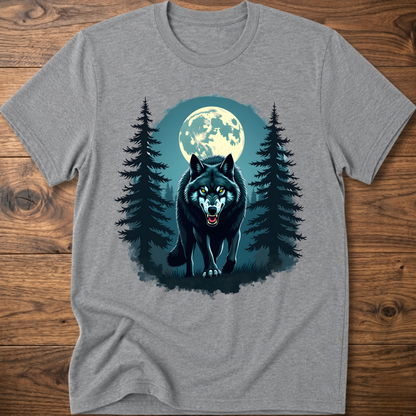 Medium gray graphic wolf t-shirt with moon and pine tree scene print