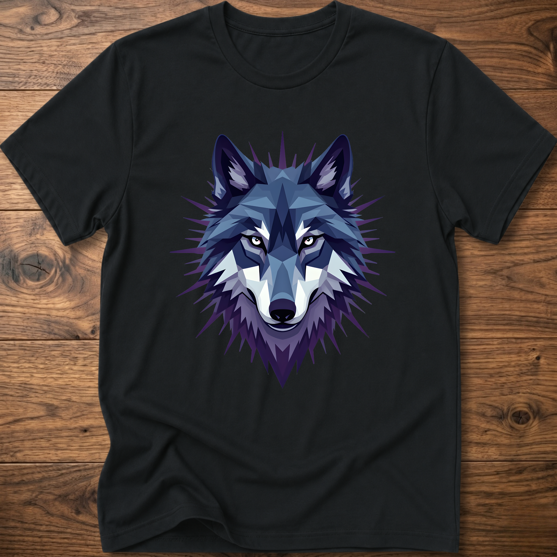 Black t-shirt with blue starry geometric wolf head graphic on the front