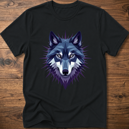 Black t-shirt with blue starry geometric wolf head graphic on the front