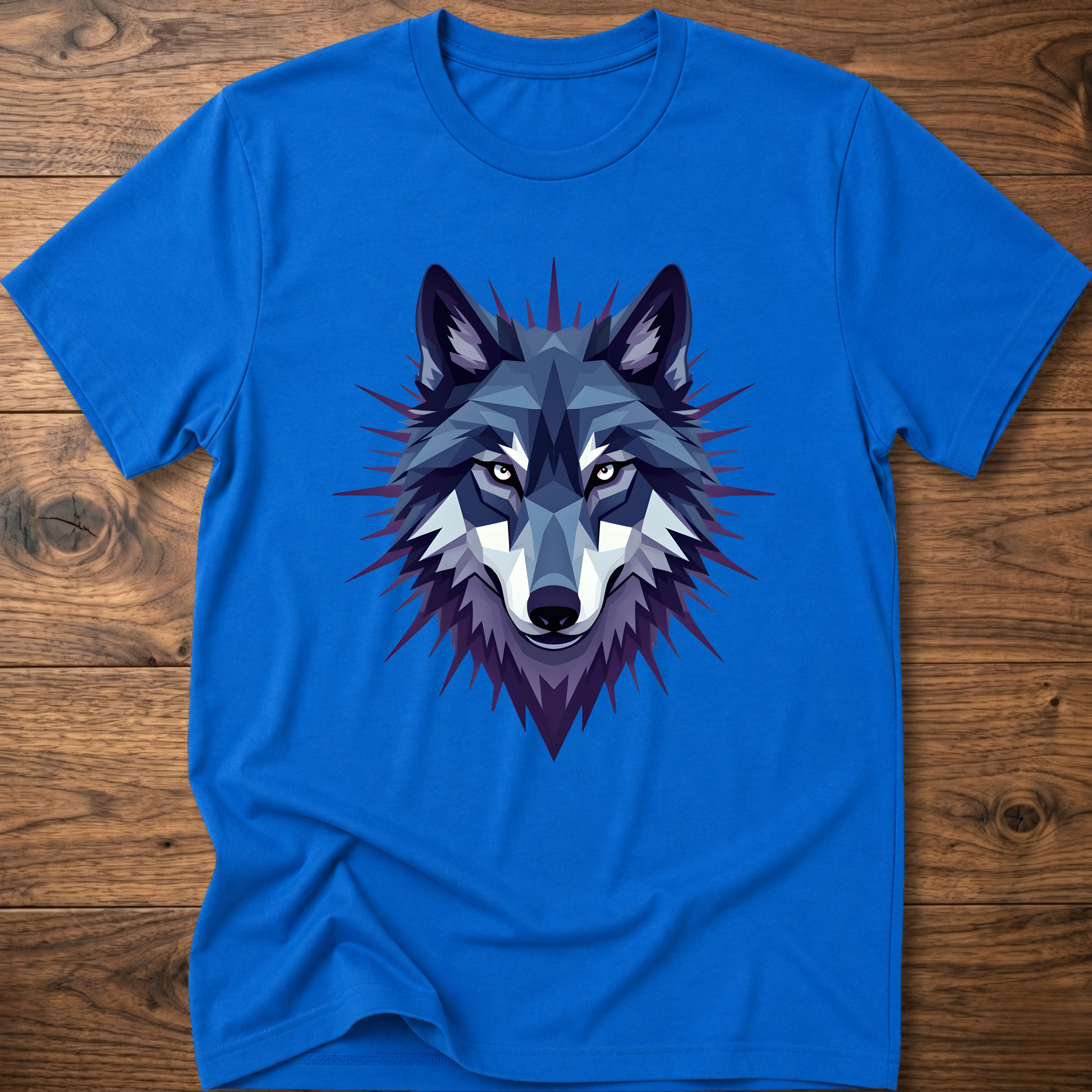 Royal blue t-shirt with blue starry geometric wolf head graphic on the front