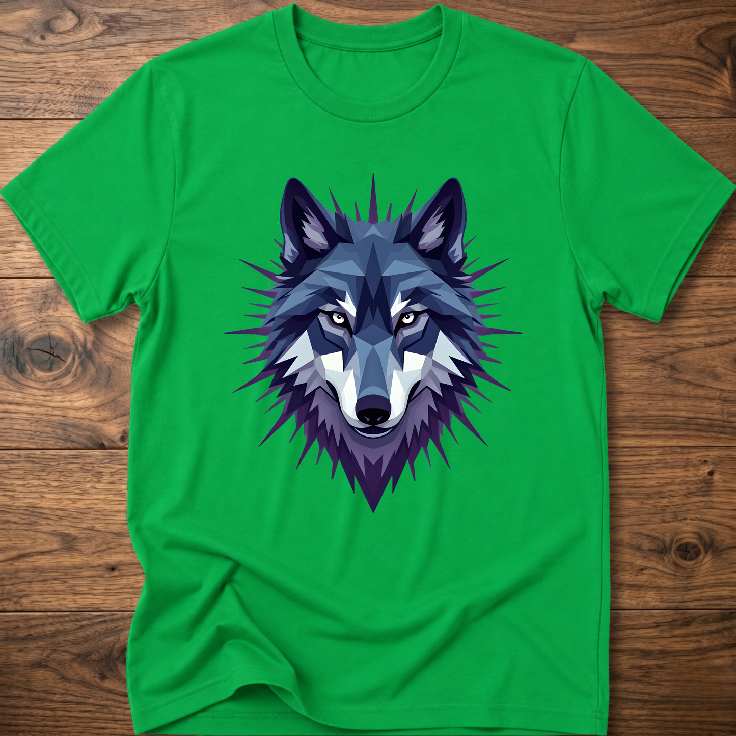 Bright green t-shirt with blue starry geometric wolf head graphic on the front