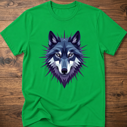 Bright green t-shirt with blue starry geometric wolf head graphic on the front