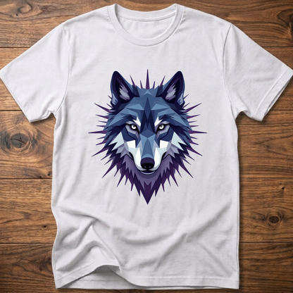 White t-shirt with blue starry geometric wolf head graphic on the front