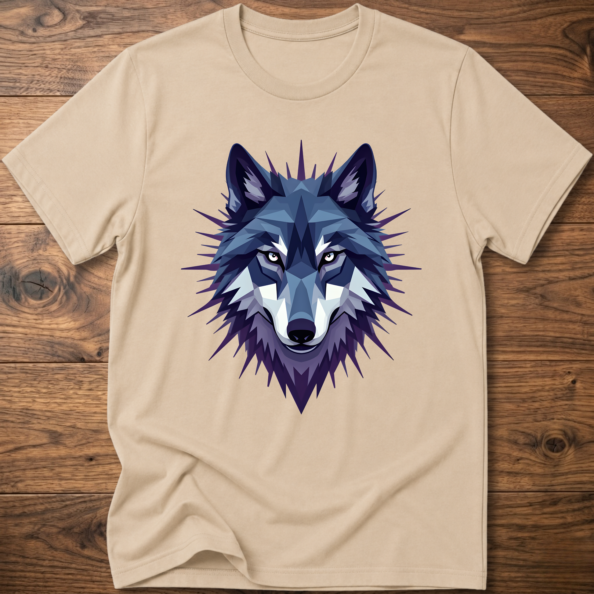 Sand/beige t-shirt with blue starry geometric wolf head graphic on the front