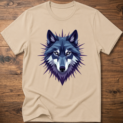 Sand/beige t-shirt with blue starry geometric wolf head graphic on the front