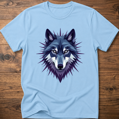 Light blue t-shirt with blue starry geometric wolf head graphic on the front
