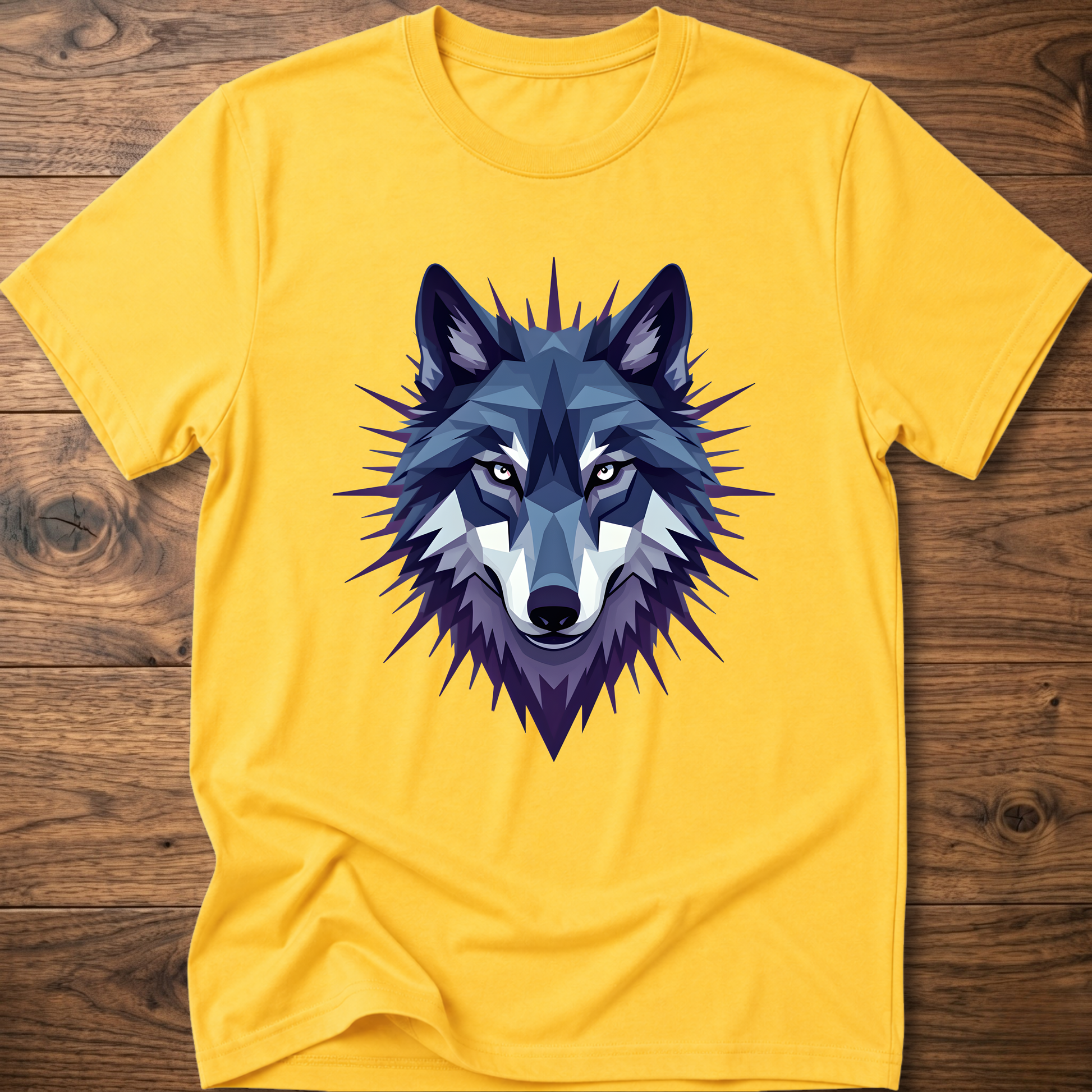 Yellow t-shirt with blue starry geometric wolf head graphic on the front