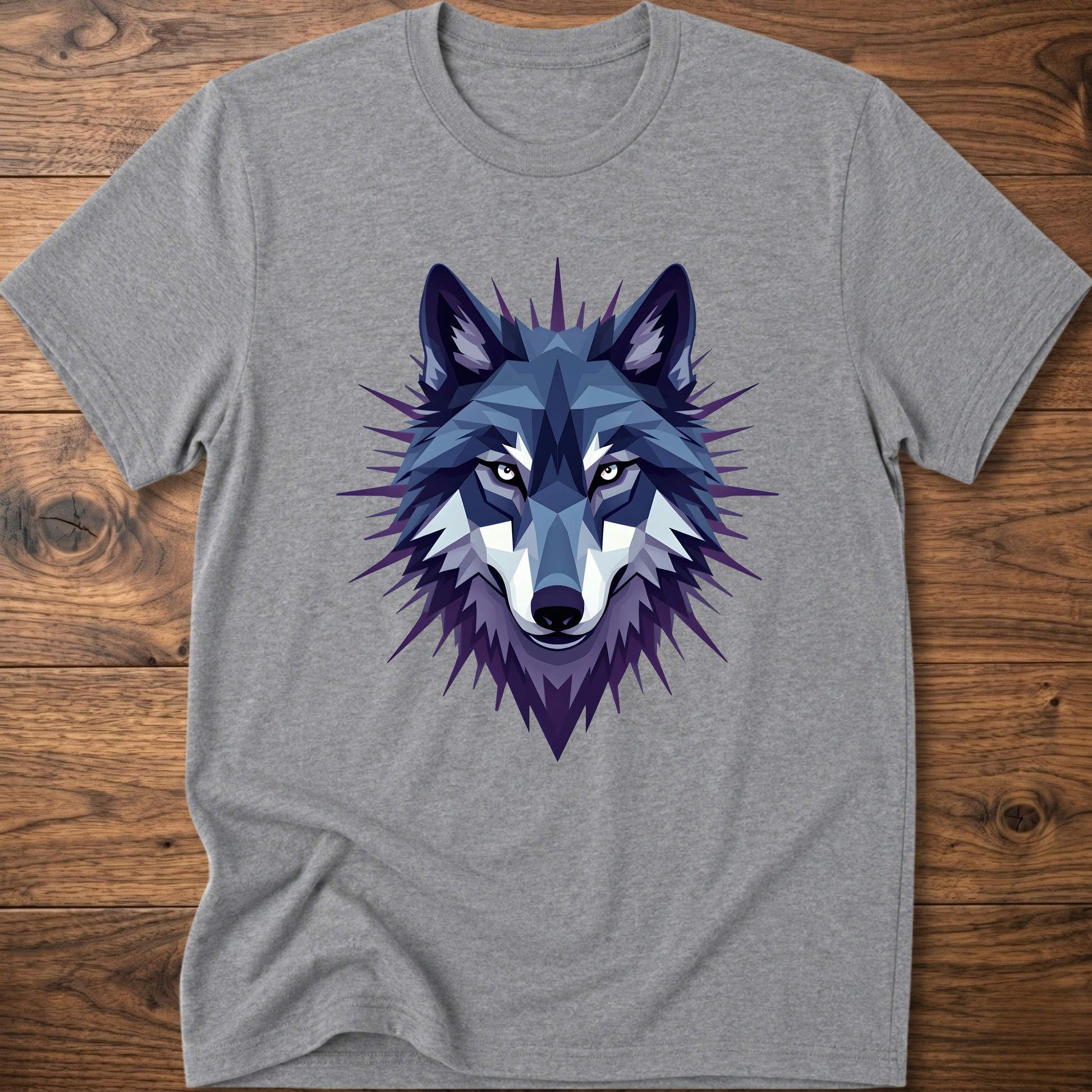 Light gray t-shirt with blue starry geometric wolf head graphic on the front