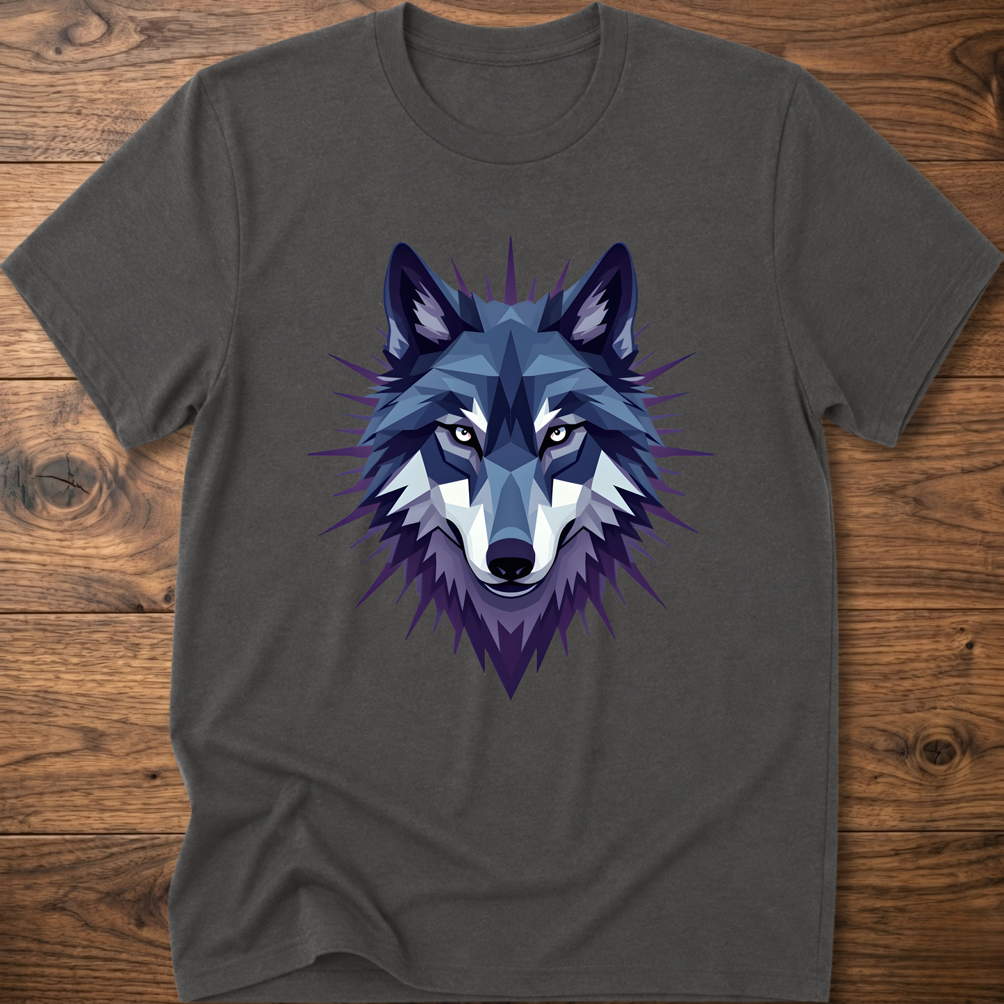 Charcoal gray t-shirt with blue starry geometric wolf head graphic on the front