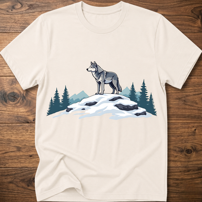 Natural white t-shirt with standing wolf graphic over snowy rocks and pine trees