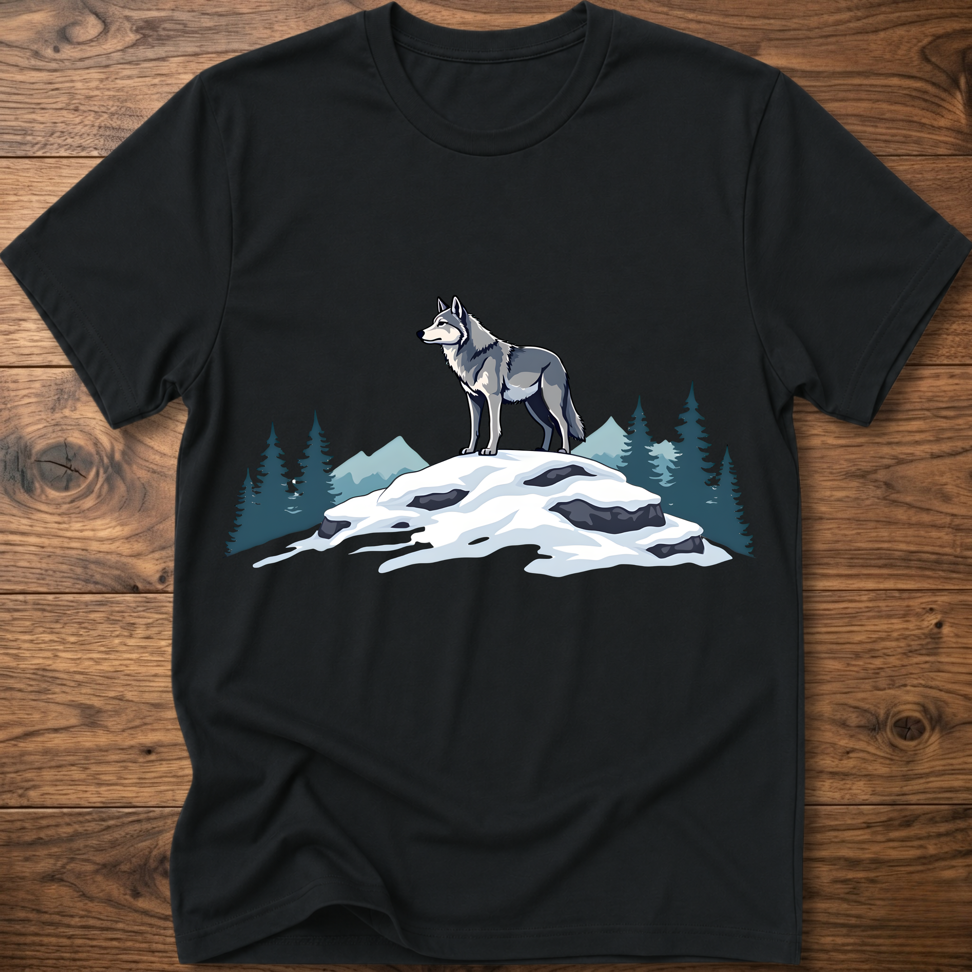 Black t-shirt with standing wolf graphic over snowy rocks and pine trees