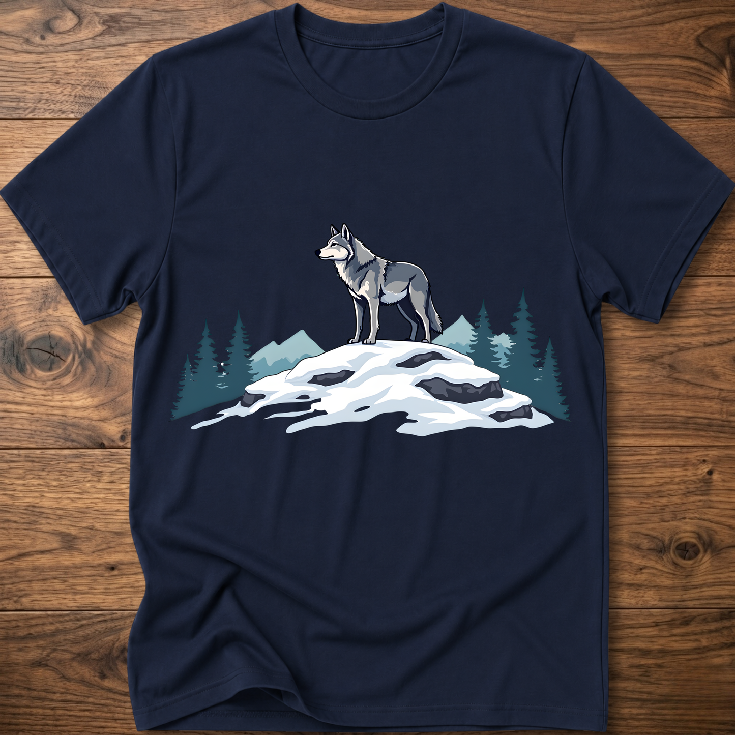Navy t-shirt with standing wolf graphic over snowy rocks and pine trees