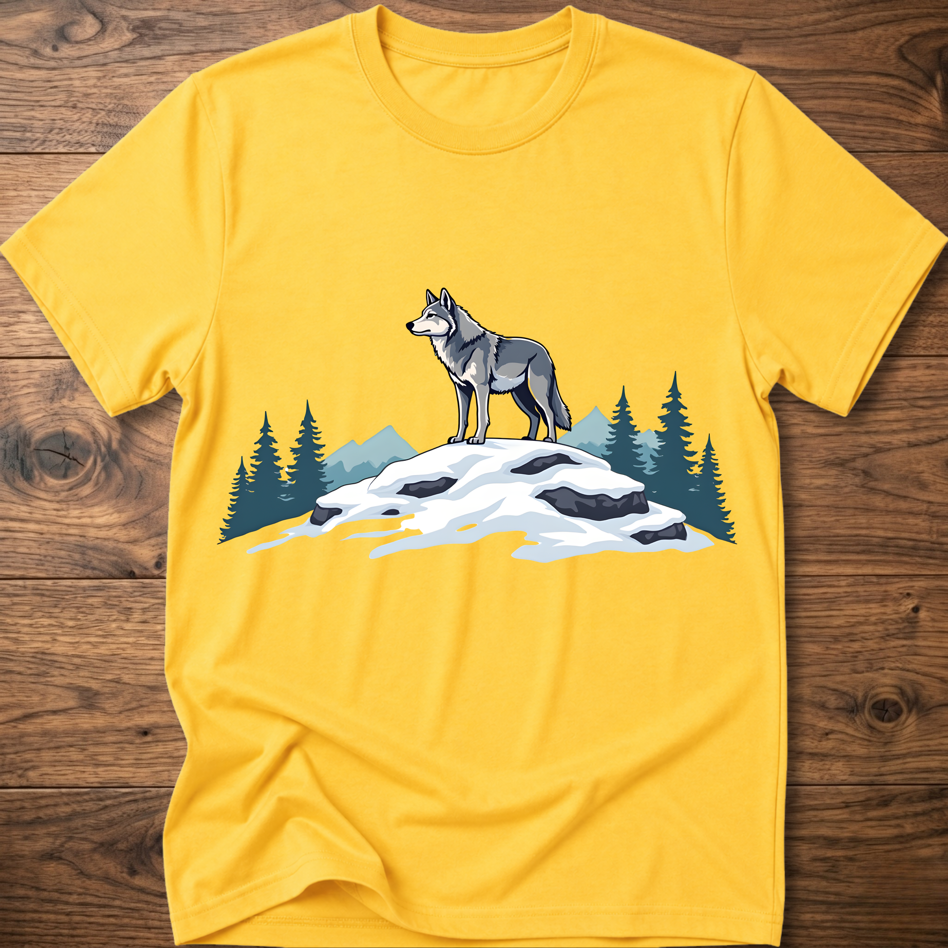 Daisy yellow t-shirt with standing wolf graphic over snowy rocks and pine trees