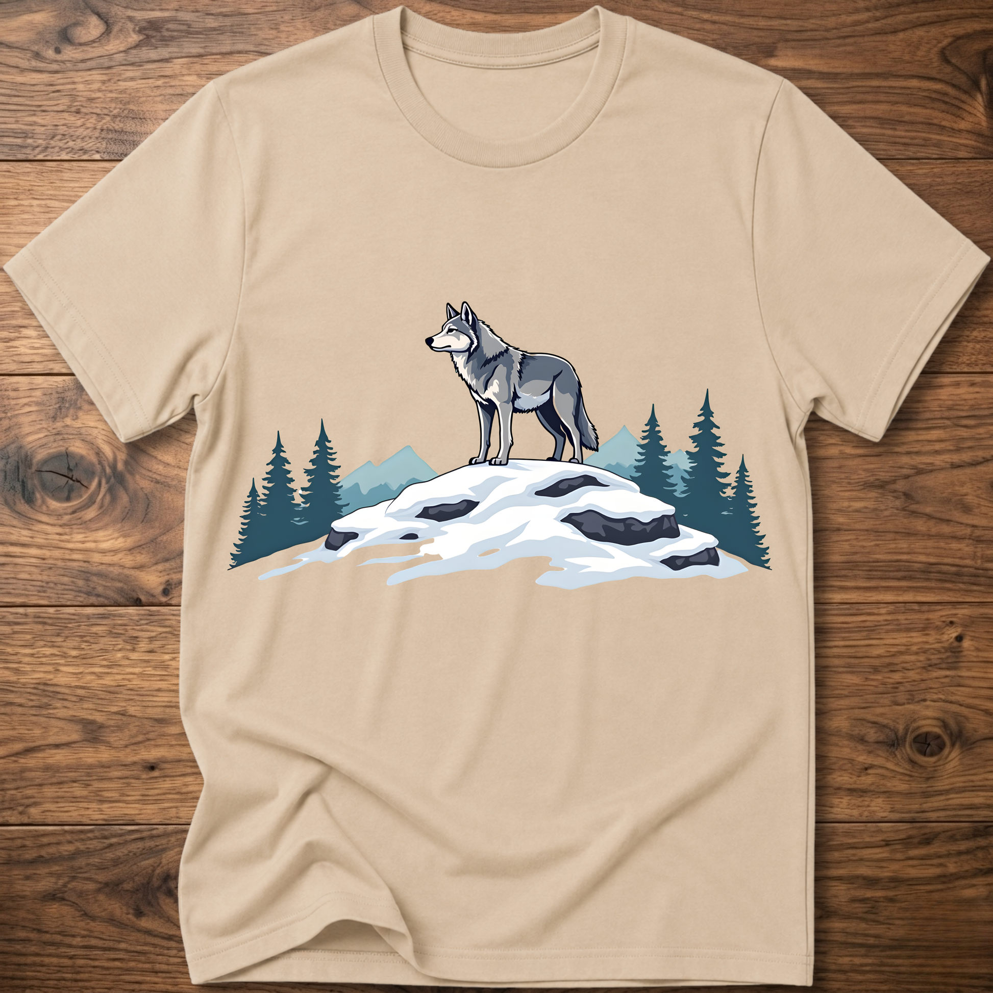 Natural beige t-shirt with standing wolf graphic over snowy rocks and pine trees